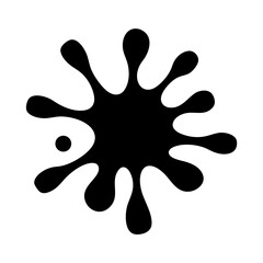 Abstract black ink blot with irregular splatter pattern on white backdrop