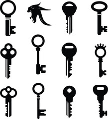 Key Icon Silhouette Set | Vintage & Modern Key Vector Collection Lock and Key Silhouettes | Security Key Icons Bundle