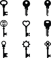 Key Icon Silhouette Set | Vintage & Modern Key Vector Collection Lock and Key Silhouettes | Security Key Icons Bundle