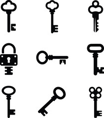 Key Icon Silhouette Set | Vintage & Modern Key Vector Collection Lock and Key Silhouettes | Security Key Icons Bundle