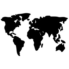 Simple Black and White World Map Silhouette Shows All Continents Overview