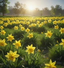 Obraz premium Sunlit yellow daffodils burst forth in a vibrant green meadow , landscape, outdoor, natural