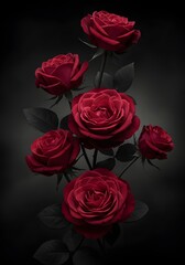 Obraz premium Ethereal arrangement of crimson roses against a shadowy canvas, evoking sentiments of deep affection and timeless beauty, perfect for romantic themes