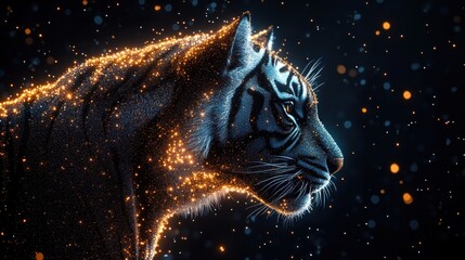 Tiger profile, glowing particles