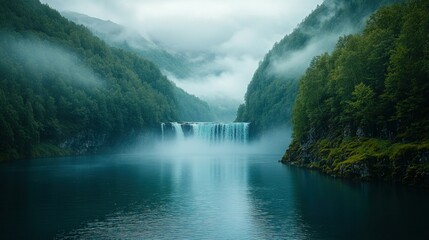 Fototapeta premium Misty waterfall cascading into serene lake, lush green valley