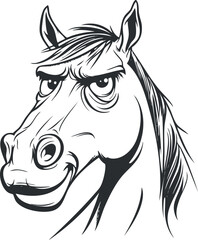 Black and white line art illustration of a horse head with expressive eyes and mane.