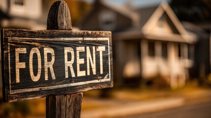Rustic for rent sign on wooden post in front of charming country home with sunlight