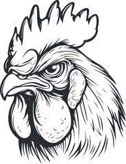 Black and white detailed line art illustration of a rooster head with comb and beak © vadymstock