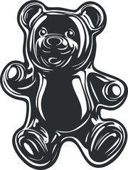 Black and white illustration of a cute teddy bear plush toy with a smiling face for children