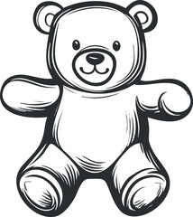 Black and white illustration of a cute teddy bear plush toy for children and gifts