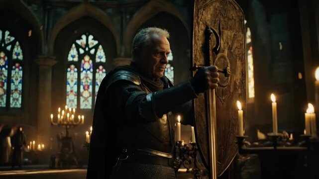 A man in a black suit holding a sword in front of a large cross
