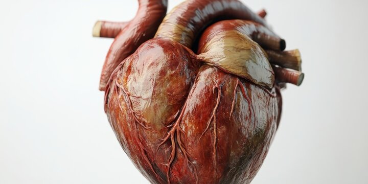 A heart is shown in a close up, with its veins and arteries visible