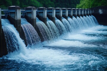 Water flowing over dam structure in nature scenic landscape view peaceful environment