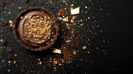 Close-up of a chocolate tart on a black background. the tart is in the center of the image and is covered in a thick layer of dark chocolate.