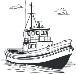 Black and white line drawing of a boat sailing on water with clouds in the sky