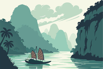 94 Majestic limestone karsts, Tranquil blue-green water, Traditional wooden junk boat, Halong Bay Vietnam, Misty atmosphere, Lush vegetation on cliffs, Calm sea reflections, Dramatic cloud formations,