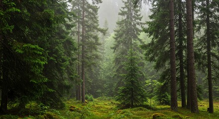 Obraz premium Misty Evergreen Forest: A Serene Landscape Painting