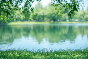 Obraz premium Tranquil Lakefront with Bird on Grass and Soft Sky Reflection, 3D Render