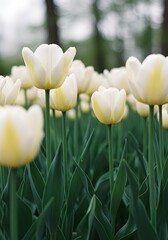 A serene tableau of ivory tulips in a verdant garden, their petals glowing softly against a blurred backdrop of trees conveying peacefulness