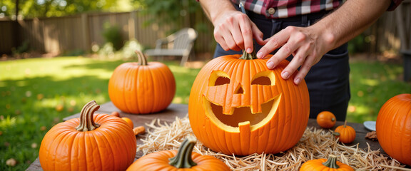 Person carving a pumpkin outdoors during Halloween, creative festivities