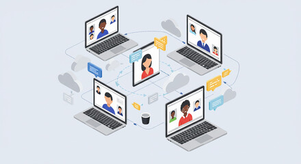 Obraz premium Illustration of a team collaborating from different locations, connected by lines and screens, drawn in clean soft lines with subtle gradients, no facial details.