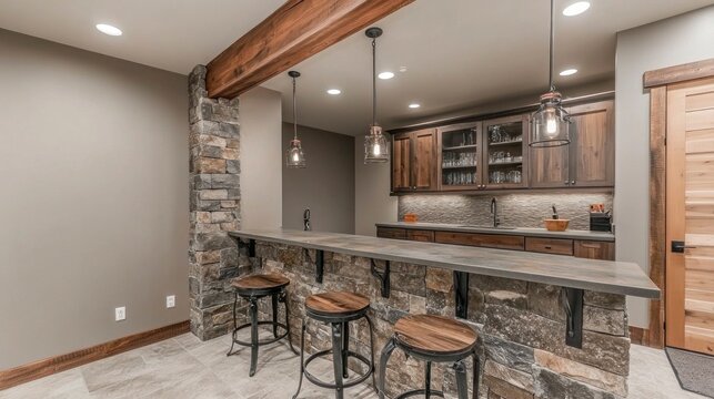 Rustic modern basement bar with exposed beams and stone accents.