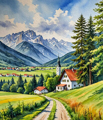 Mountain landscape in oil paint. Pattern for printing on wall decorations, covers, wallpapers