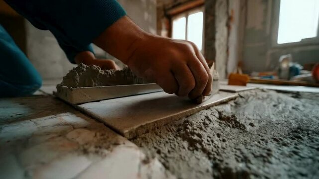 Close-up of Construction Worker Laying Tiles with Trowel and Mortar