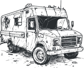 Illustration of an old delivery van with a box body, showing front and side views, used for cargo transport.