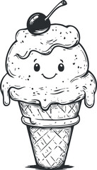 Black and white line art of a happy smiling ice cream cone with a cherry on top illustration