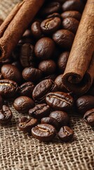 Macro of Roasted Coffee Beans and Cinnamon Sticks on a Burlap Sack Closeup