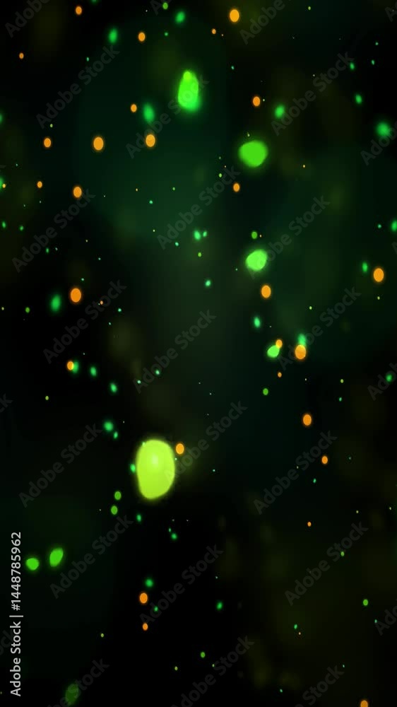 Poster Bright green and orange particles move elegantly in a dark background, creating a mesmerizing visual effect