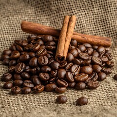 Roasted Coffee Beans and Cinnamon Sticks on Burlap Fabric Still Life