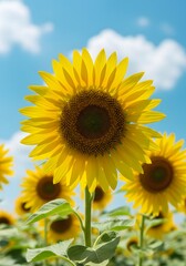 Obraz premium Radiant sunflowers basking under azure skies, a vibrant field of golden blossoms creating a serene summer landscape and embodying the essence of warmth and joy