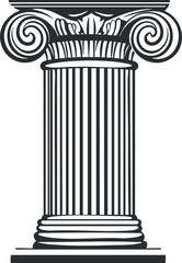 Black and white vector illustration of an ionic classical architectural column with fluted shaft and ornate capital