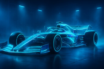 Obraz premium Futuristic neon race car in dark garage with blue lighting and reflective surface