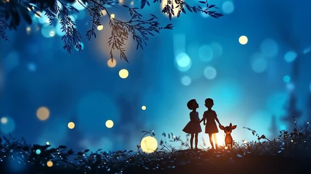 Enchanting night stroll with friends amidst glowing bokeh and dreamy forest atmosphere