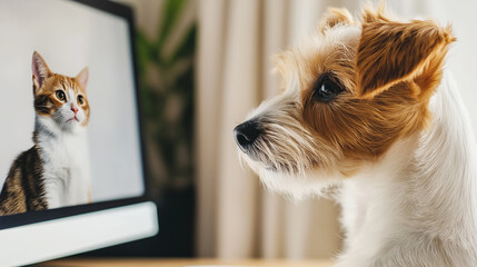 Fototapeta na wymiar Jack russell terrier puppy staring intently at laptop screen displaying feline image, representing digital savvy pets in contemporary home office