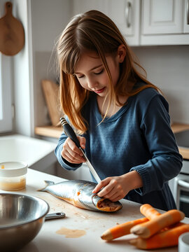 girl eviscerating salmon fish in domestic kitchen