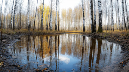 Birch trees mirroring golden foliage across tranquil swamp surface, fisheye perspective revealing symmetrical woodland landscape during autumn season