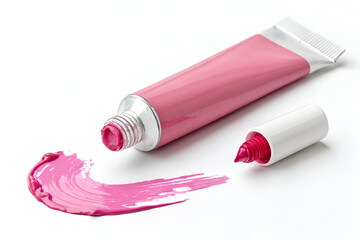 Pink paint tube on white background 