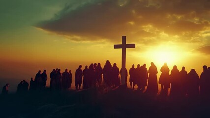 Gathering of believers at sunset near a cross symbolizing faith in Jesus and Christianity