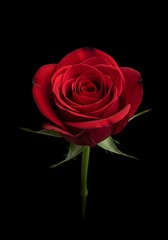 Naklejka premium A single red rose unveils its velvet petals against an abyss, symbolizing profound emotion and delicate beauty in a minimalist composition of nature's elegance