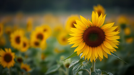 Fototapeta premium Sunflower in a field with blurred background.