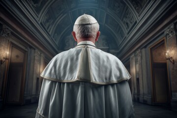 Naklejka premium Back view of elderly caucasian male cleric in cathedral hallway