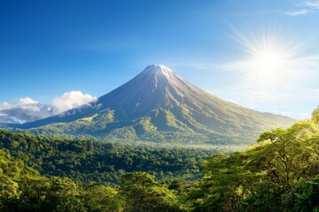 A mountain with a bright sun shining on it