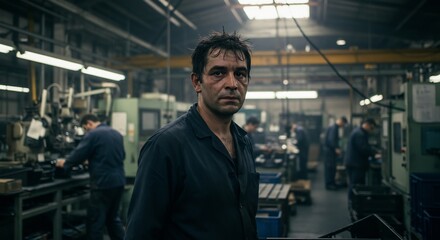 Tired factory worker portrait with colleagues in industrial setting