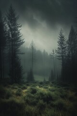 Defocus abstract background of the forest. mystical morning mist over the forest at sunrise