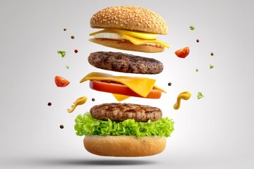 Floating burger layers with ingredients lettuce, cheese, tomato, beef patties, and sauces