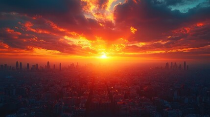Obraz premium Cityscape at Dramatic Sunset with Skyline and Fiery Sky View